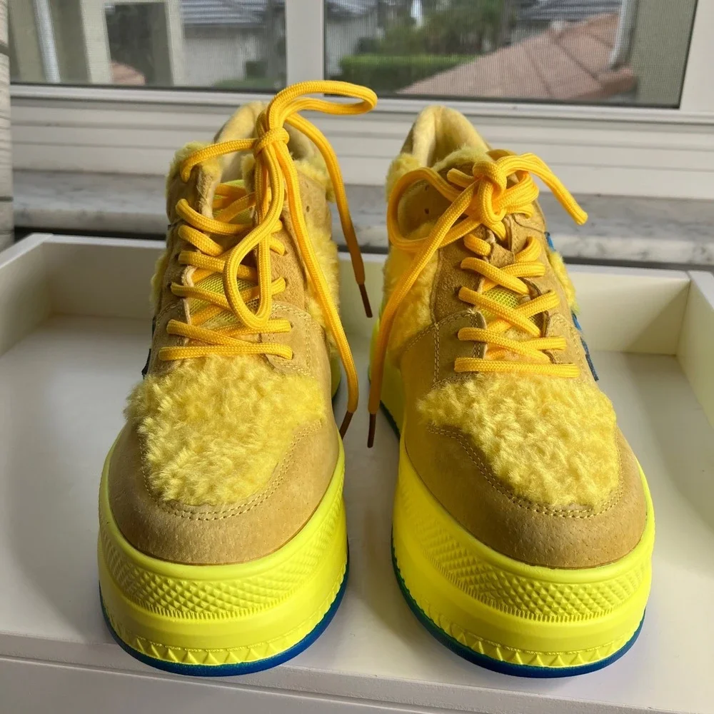 AW Quince 01 Yellow‎ Suede Fur Platform Wedge Sneakers Women's Size 8